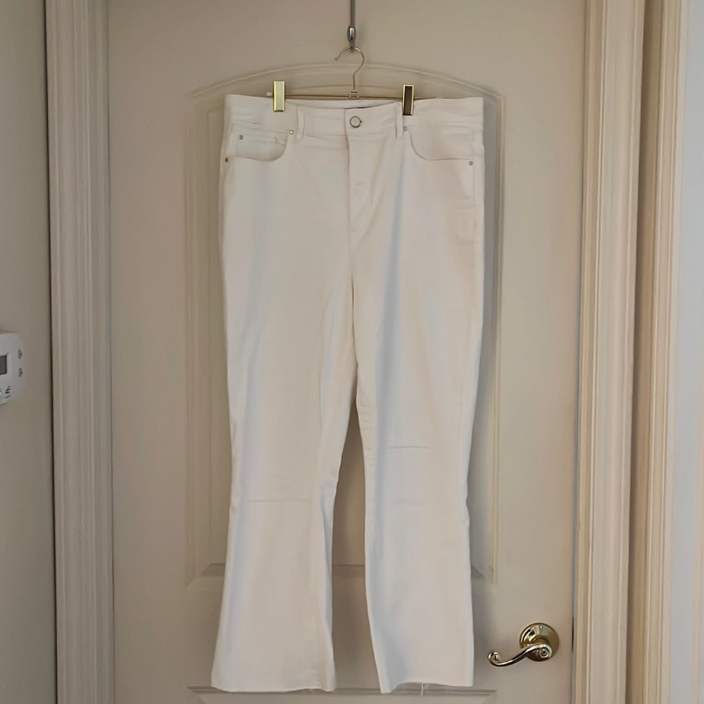 Ann Taylor white denim jeans frayed bottom. Size 14. Have been shortened.